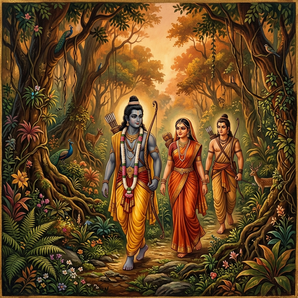 The exile of Rama, Sita, and Lakshmana